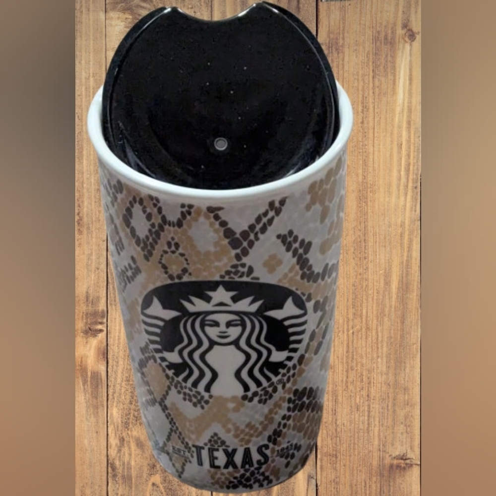 New Starbucks 2015 Black Gold Brown Ceramic Texas Snakeskin 12 Oz